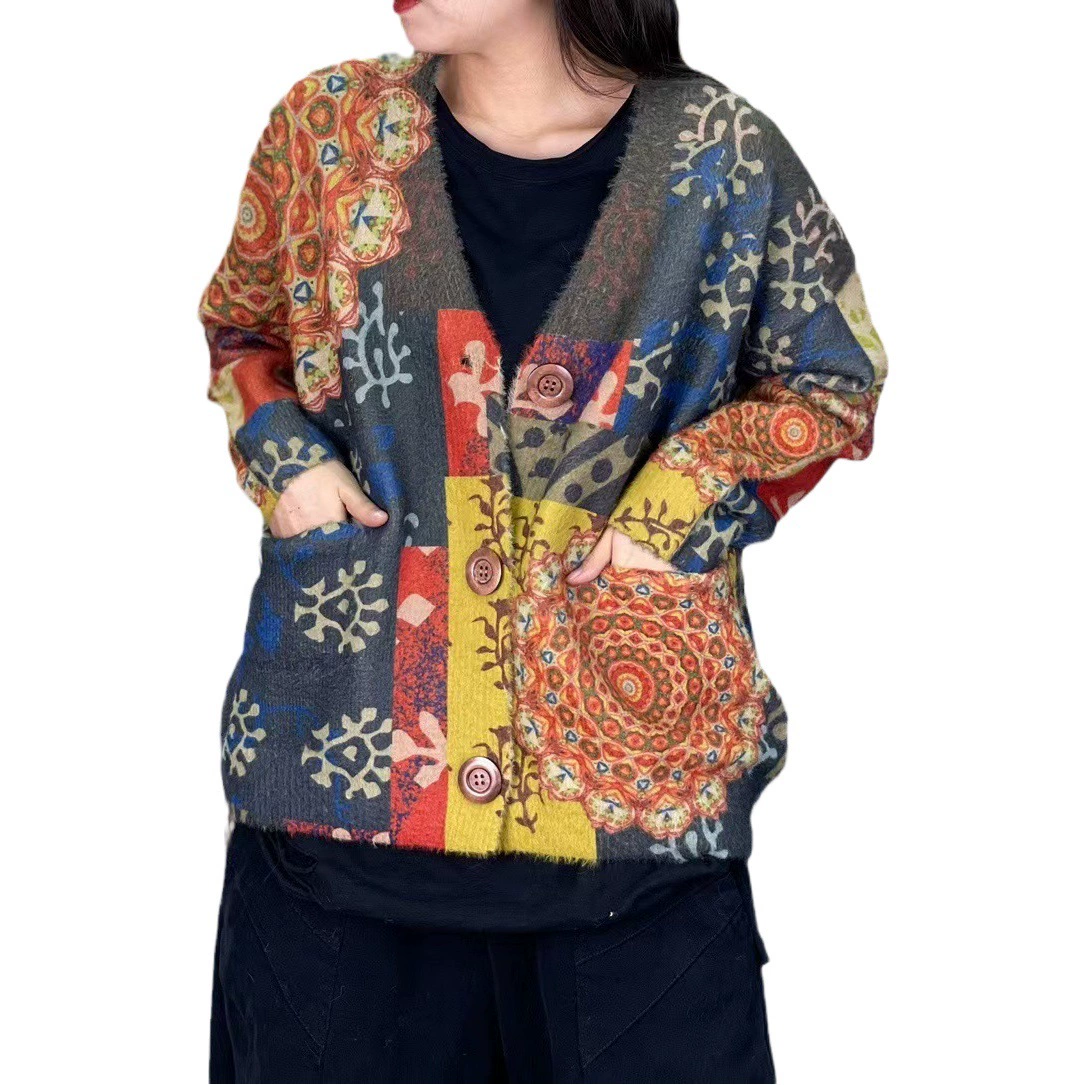 Желтый вельветовый кардиган из норки с принтом, осень-зима 2025, новый, высококачественный, свободный, вязаный, с V-образным вырезом, для женщин, прямые продажи