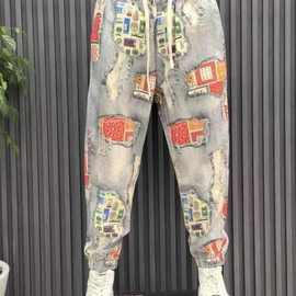 时尚潮流男士新款牛仔裤2025年痞帅束脚哈伦百搭国潮花裤子