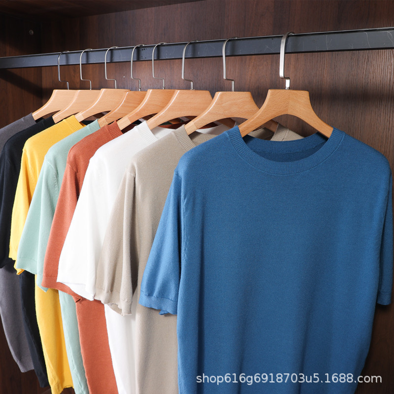 Summer woolen thin knitted T-shirt with a round collar
