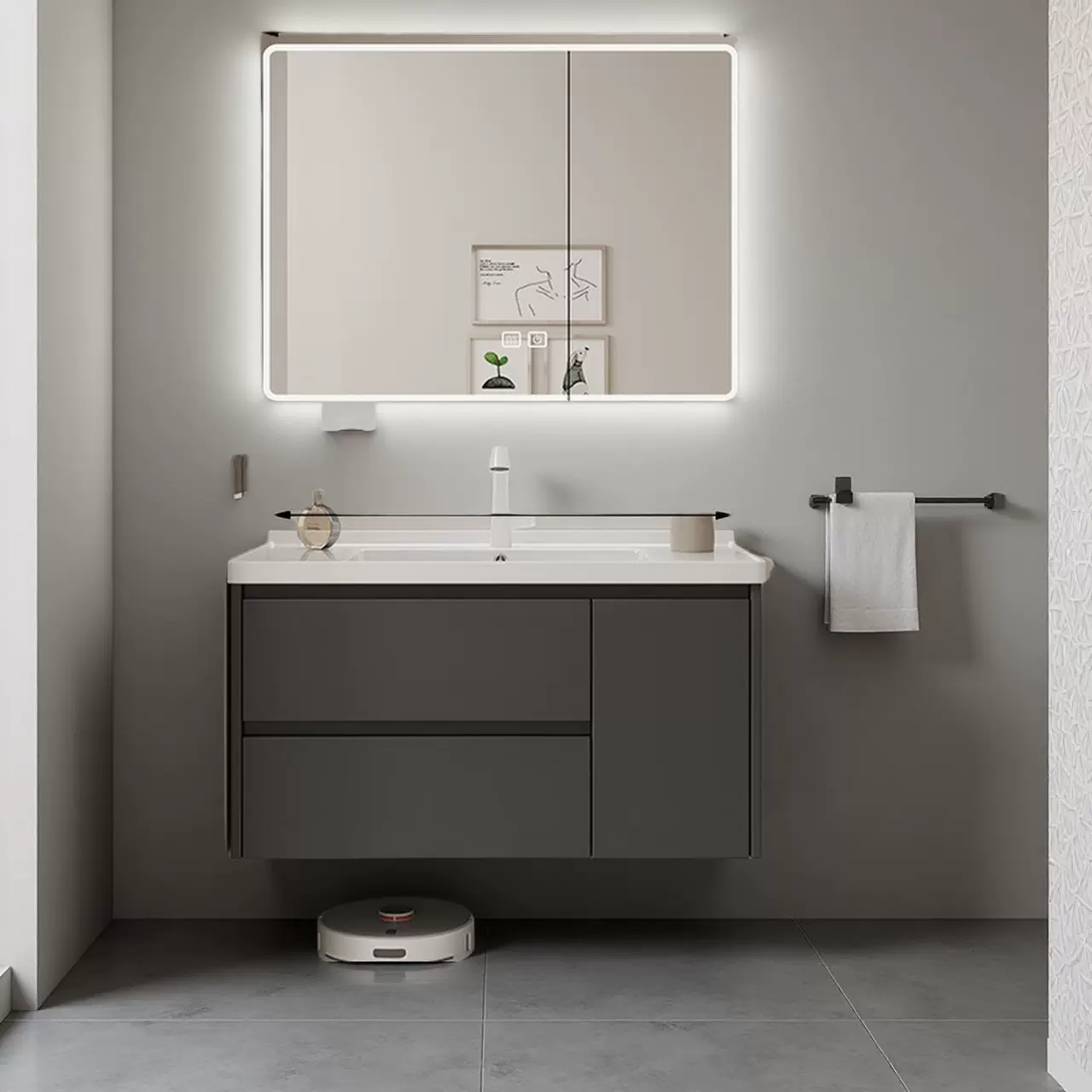 新款太空铝浴室柜家用酒店卫生间收纳储物柜镜台智能镜陶瓷一体盆