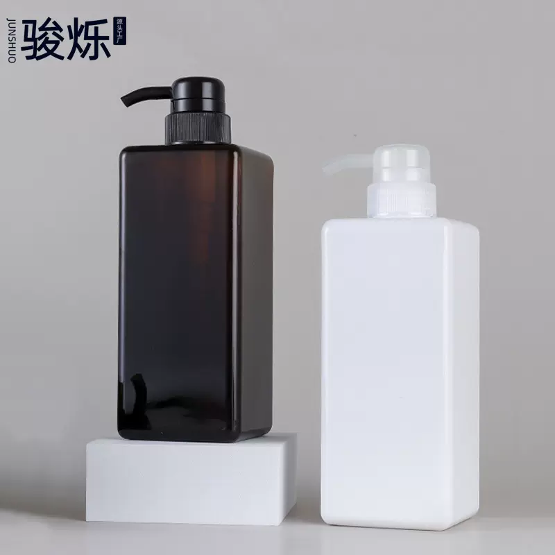 厂家定制PET黑色塑料沐浴露瓶子 600毫升按压式直角方形洗发水瓶
