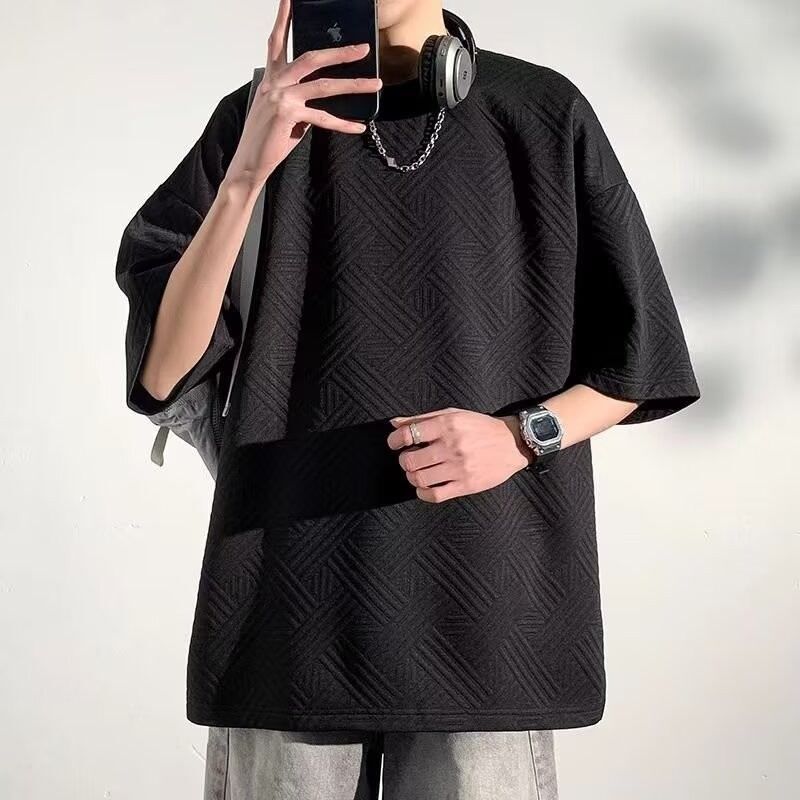 新しいジャカード半袖Tシャツメンズ2025夏トレンディハンサムイン多用途ルーズテクスチャードラウンドネックハーフスリーブ|undefined