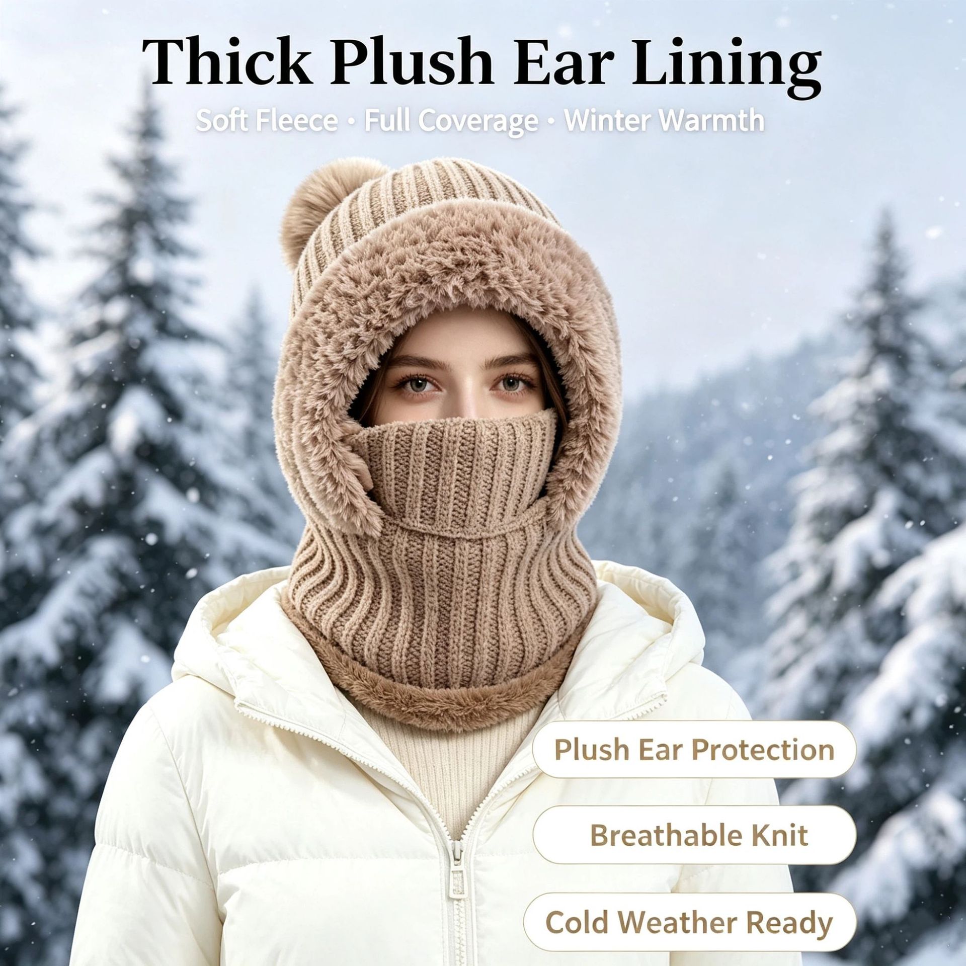 Cross-border knitted hat for women, autumn and winter warm, cold-proof, ear-protecting hat, fleece-lined, thickened, integrated hat with neck warmer and face mask for cycling
