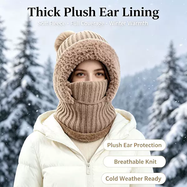 Cross-border knitted hat for women, autumn and winter warm, cold-proof, ear-protecting hat, fleece-lined, thickened, integrated hat with neck warmer and face mask for cycling