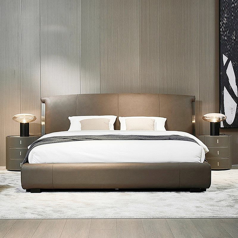 Ldad Italian-Style Light Luxury Genuine Leather Headboard Cowhide Modern Minimalist Double Bed Master Bedroom Minimalist Upholstered Wedding Bed