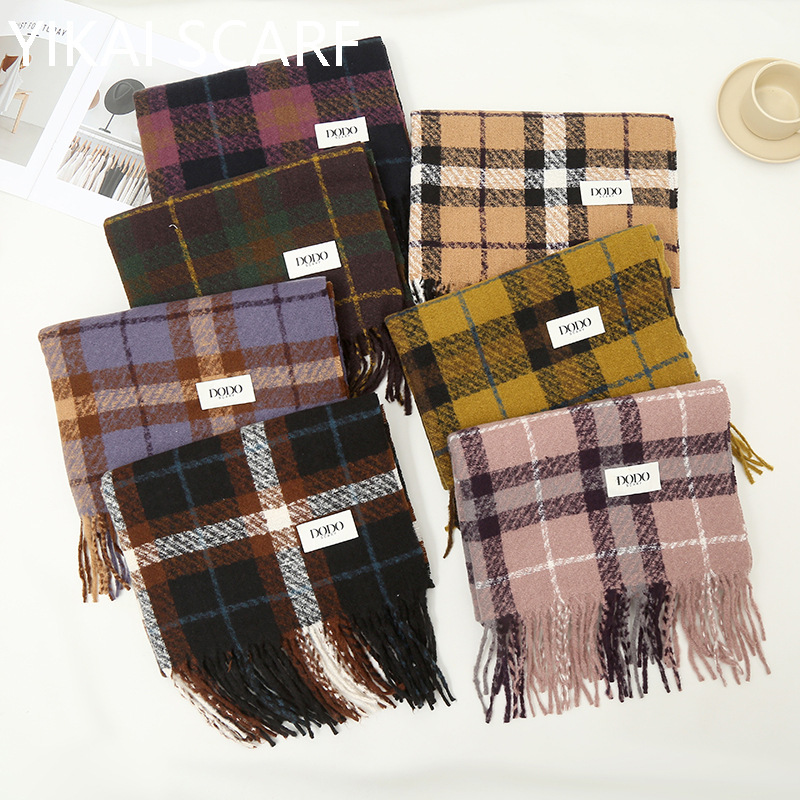 Autumn and Winter Maillard Korean Style Atmosphere Circle Yarn Plaid Scarf Imitation Cashmere Thickened Warm Tassel Shawl Wholesale