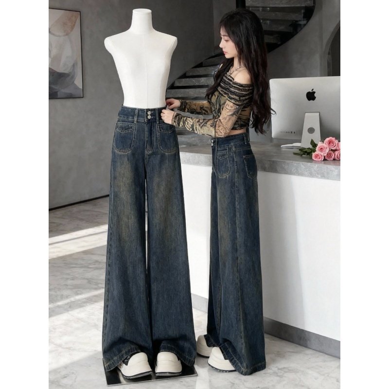 Fleece-Lined Thick Wide-Leg Jeans for Women, Autumn and Winter, Plus-Size, Retro, Loose, Relaxed, Drapey, High-Waisted Straight Pants