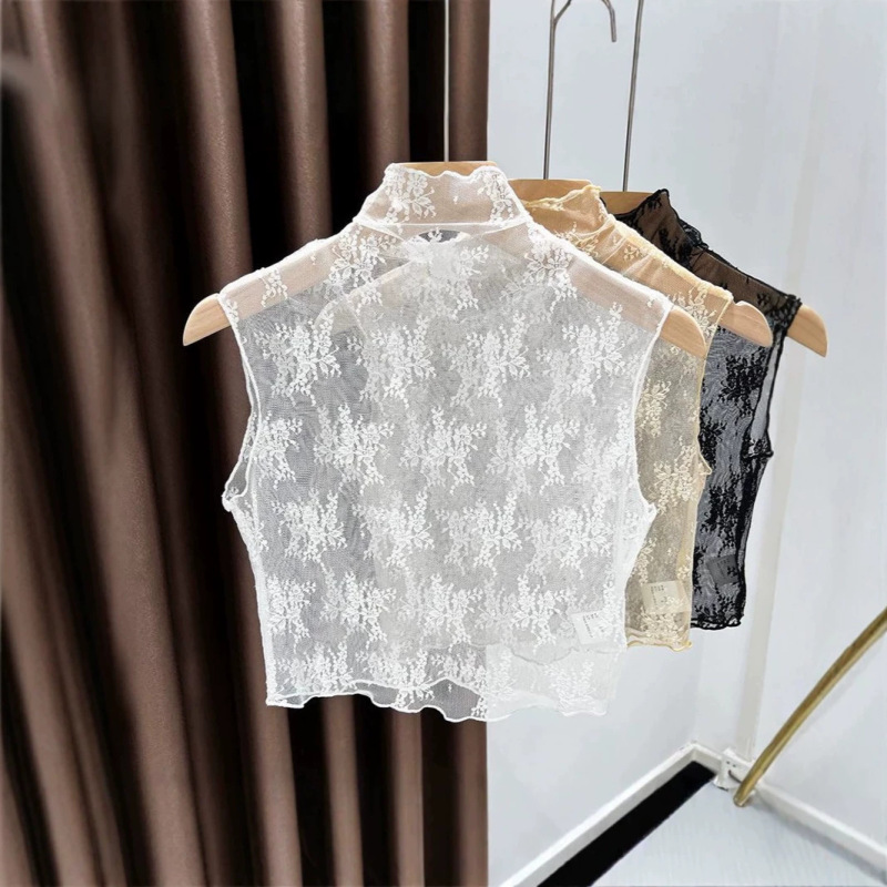 Women's half-high-neck lace camisole, a thin and breathable summer top with a hollow mesh design, perfect as a stylish inner layer