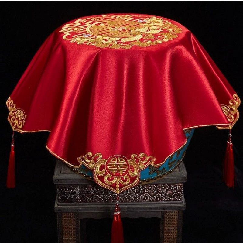 Red Hijab Bridal Wedding Veil Retro Red Embroidered Satin Tassel Embroidery HiPa Bridal Red Hijab Feng Lun