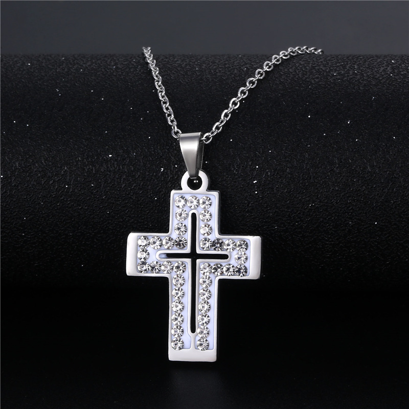 Wholesale Jewelry Simple Cross Inlaid Diamond Stainless Steel Necklace Nihaojewelry display picture 2