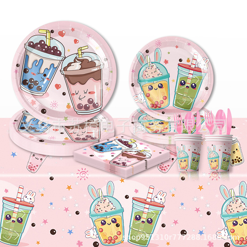 Tea party supplies bubble tea birthday tableware decoration napkin tablecloth for Boba birthday party arrangement