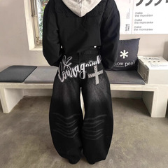 アメリカンレトロ風ブラックカーブドジーンズ レディース 春 ゆったり 細見え ドレープ感 ワイドレッグパンツ クロスボーダー レトロファッション