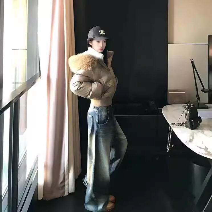 芬兰雪境 冬季毛领连帽收腰加厚短款羽绒棉服女|undefined