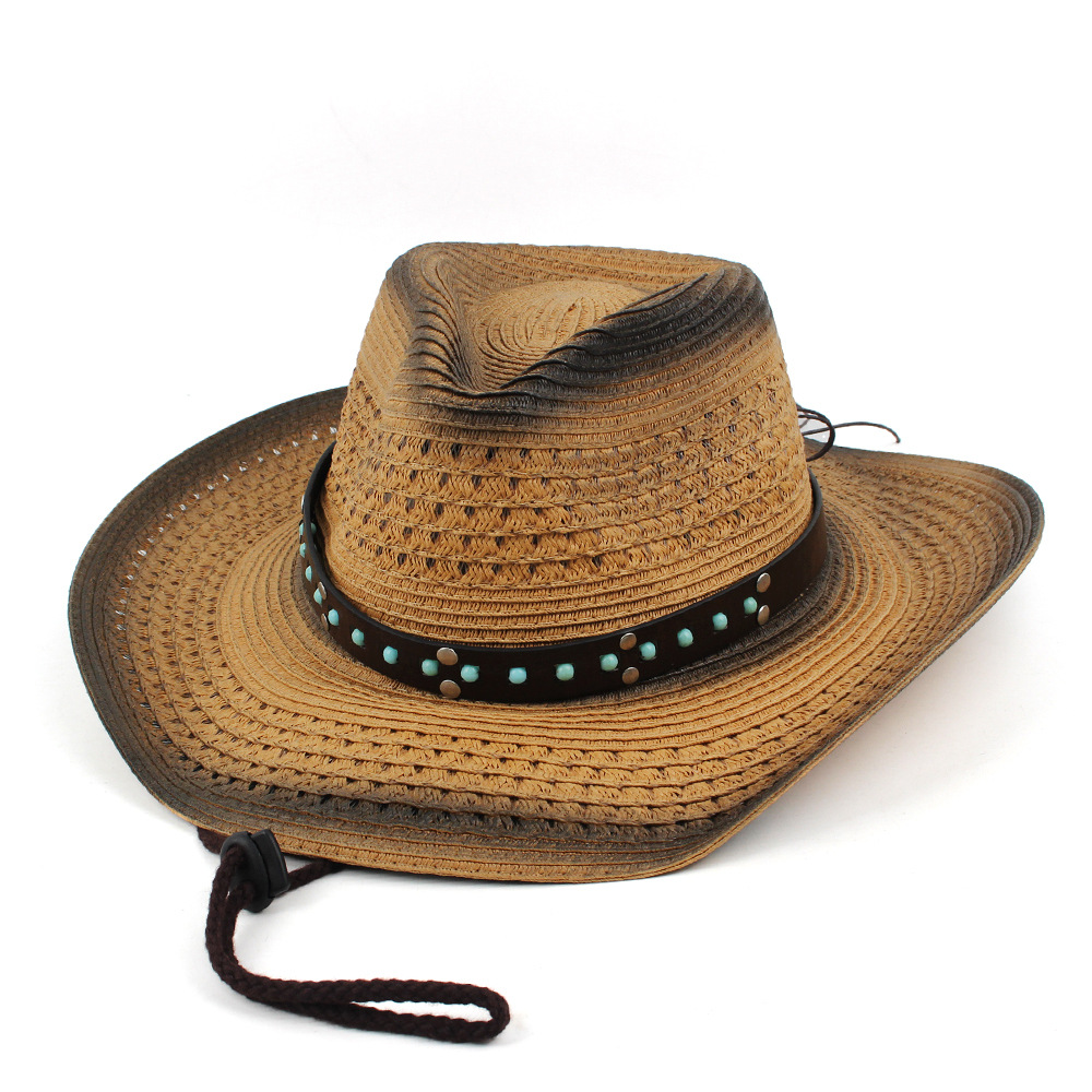 Ventas transfronterizas calientes masculinas y masculinas neutras sombrero de paja vaquero occidental sombrero de sol transpirable al aire libre con decoración de cinturón