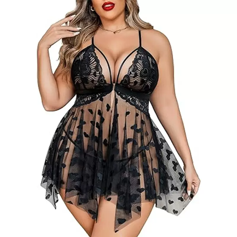 亚马逊大码爆款交叉带居家性感睡衣女内衣蕾丝透视两件套情趣睡裙