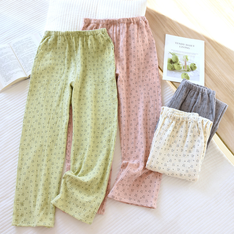 Women's Spring and Autumn Thin Cotton Pajama Pants, Double-Layer Gauze, Pure Cotton Crepe, Fresh and Simple, with Pockets, Home Straight-Leg Long Pants