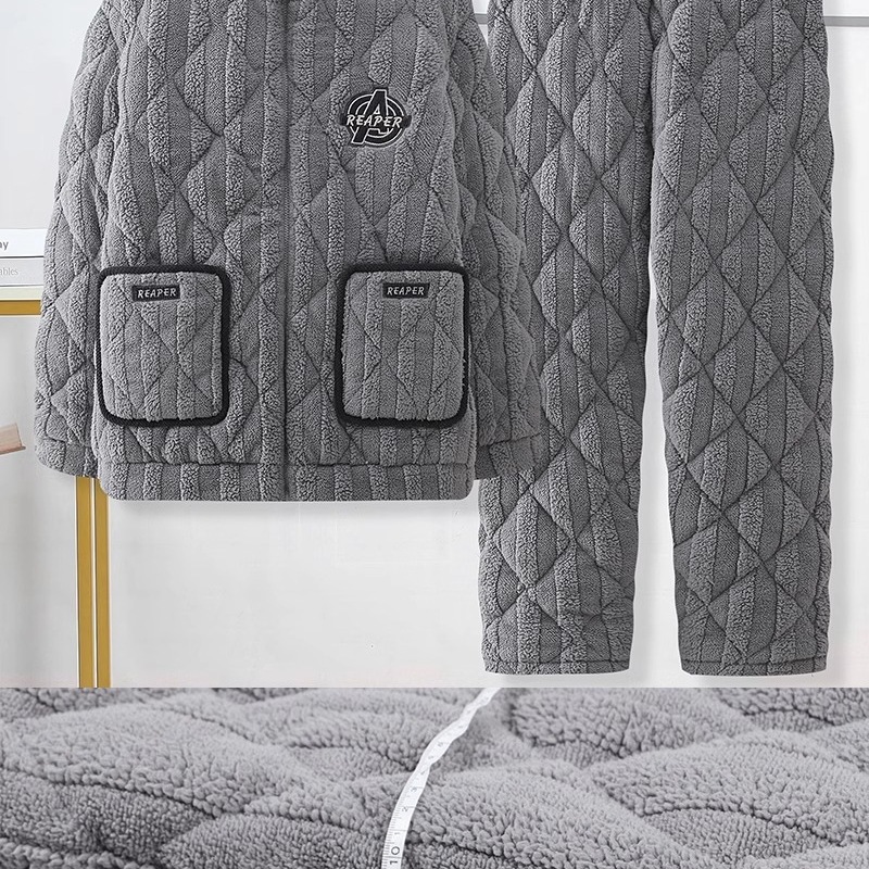 Three-Layer Quilted Pajamas for Men in Autumn and Winter Warm Coral Velvet Fleece-Lined Thickeneded Winter Men's Home Wear Set