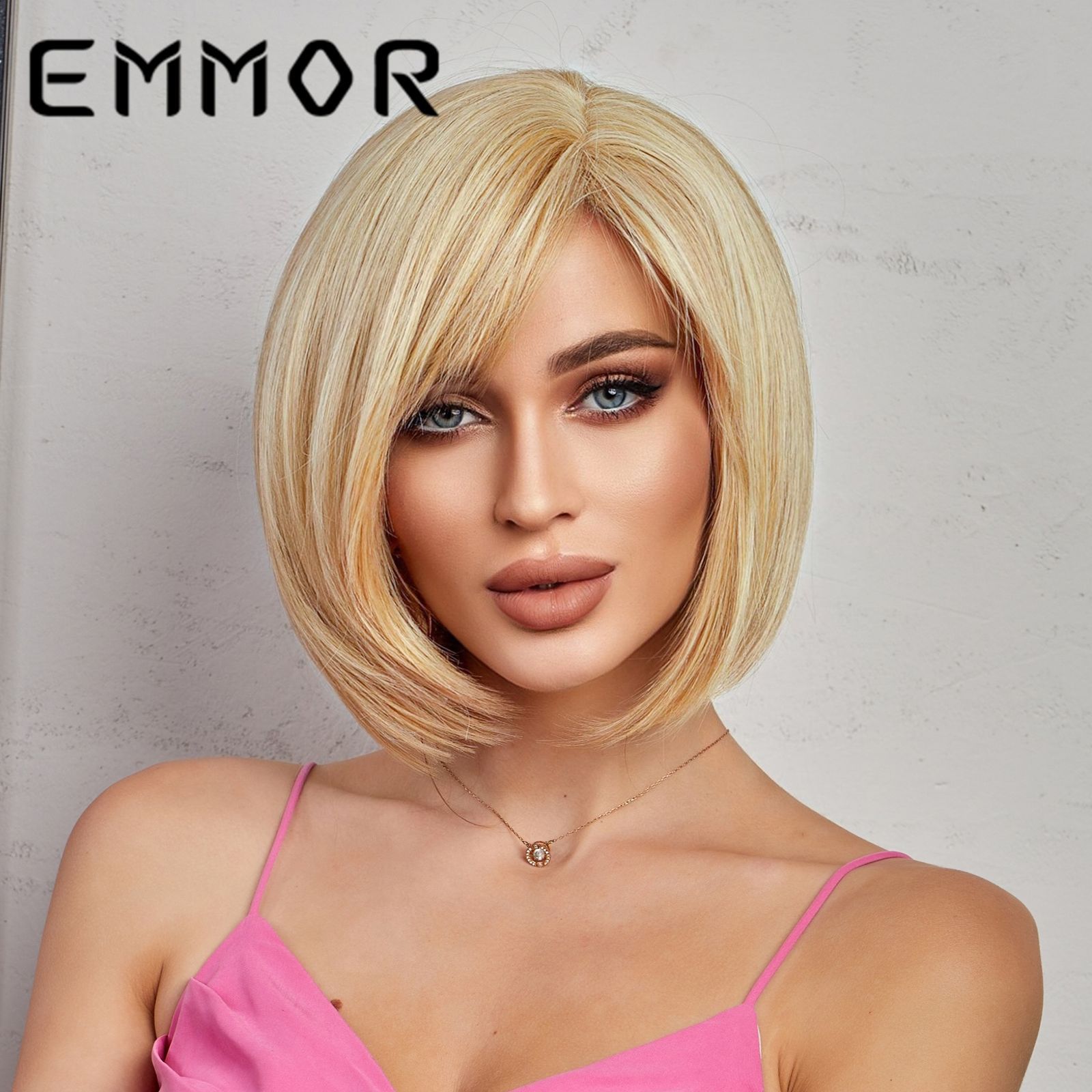 Amazon nueva peluca transfronteriza femenina oblicua corta recta pelo verano frente tejida a mano europea y americana Peluca de fibra química cabeza completa