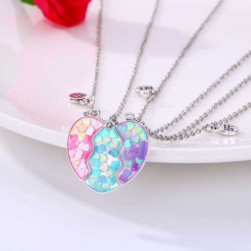 Cross-border hot selling best friends three best friends children's necklace alloy sequins love pendant magnet stone necklace set