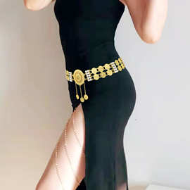 金属腰链合金珍珠水钻钱币装饰时尚肚皮舞身体链欧美朋克舞蹈镂空