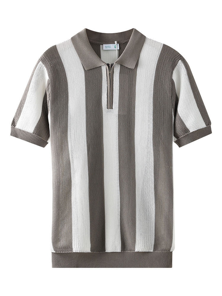 Europa y los Estados Unidos transfronterizos para hombres colores contrastantes rayas verticales jersey polo seda de hielo semia cremallera collar manga corta hombre de negocios casual