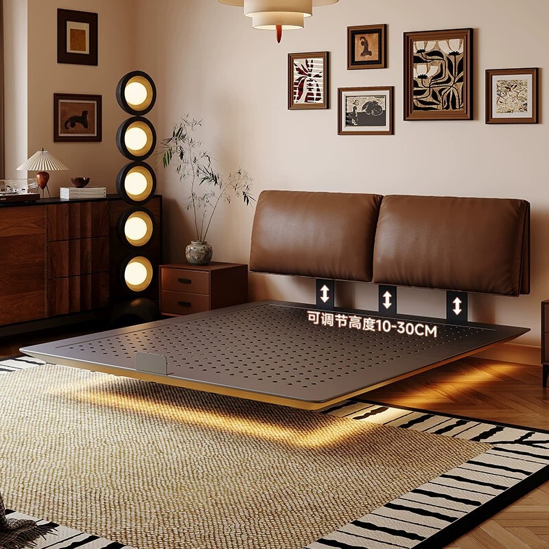 Elephant Ear Carbon Steel Genuine Leather Bed Floating Mid-century Style Light Luxury High-end Master Bedroom 1.8m Double Bed
