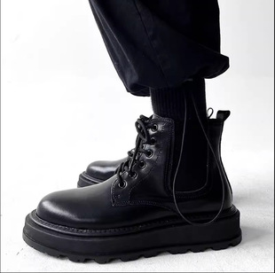 Black Chelsea Martin boots men's ins fashionable British style thick-soled overalls boots Japanese retro genuine leather mid-top board shoes