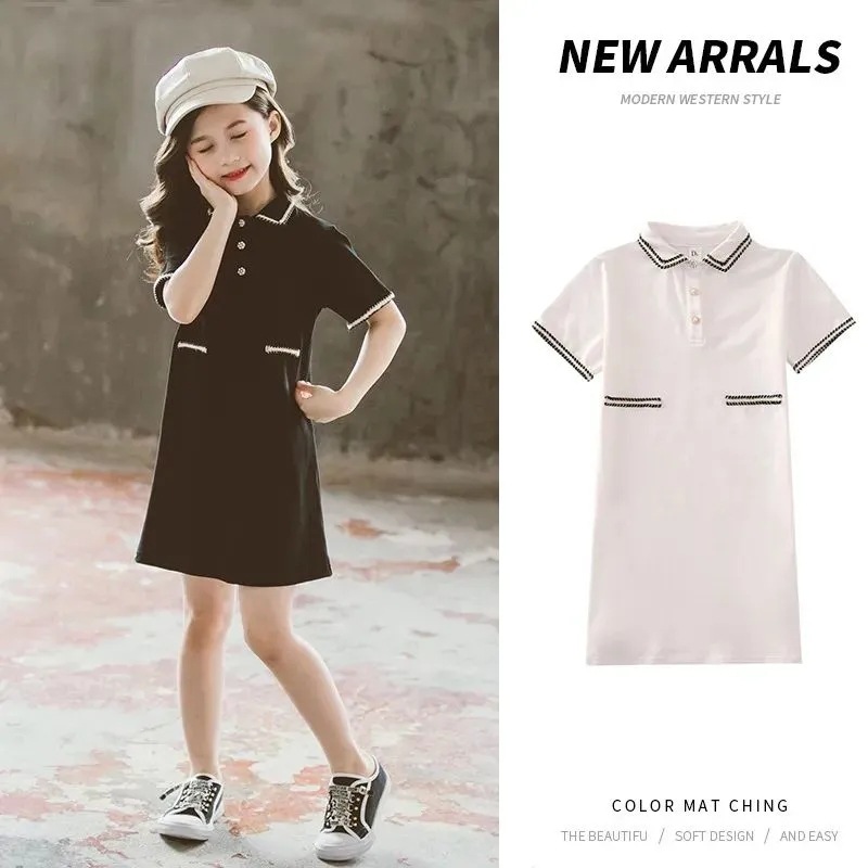 Children's Little Chanel-Style Dress, Summer Girls' Polo Collar School Style Princess Dress, Baby Fashionable T-Shirt Dress