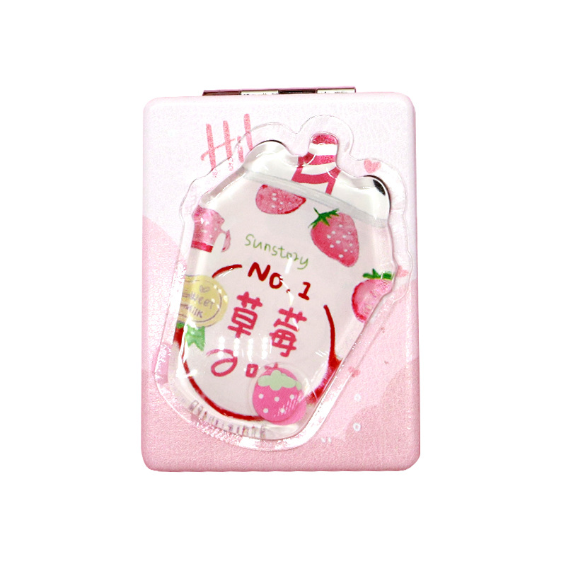 Estudiante lindo bolsillo plegable espejo de maquillaje portátil rectangular de doble cara portátil PU pegatinas arenas movedizas pequeño espejo