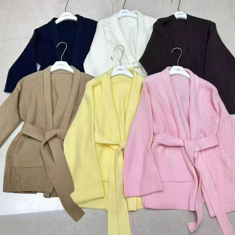 跨境欧美风纯色中长款针织衫毛衣女秋冬季和服系腰带针织开衫外套|undefined
