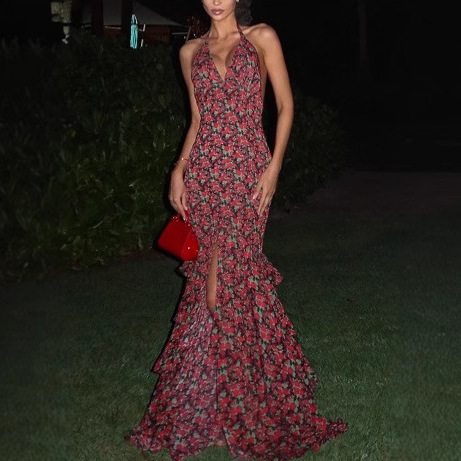 Foreign trade summer new fashion printing strap backless skirt V-neck strap multi-layer pendulum elegant temperament dress