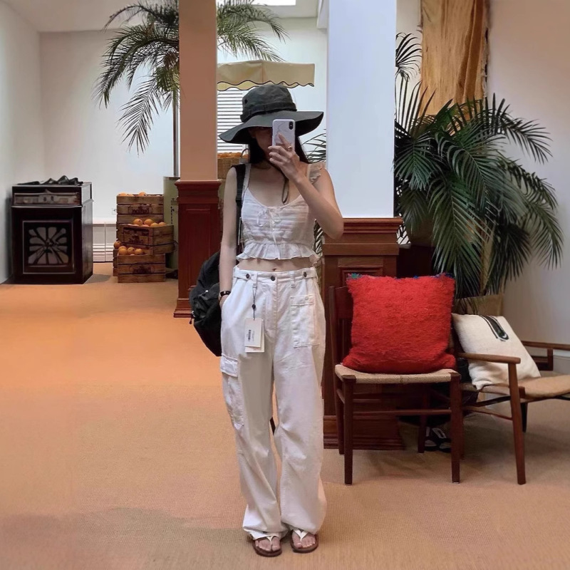 スポット韓国 TheBarnnet ワークウェア カジュアル パンツ コットン ストレート パンツ ガールズ ハイウエスト スリム マルチポケット|undefined
