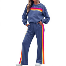 2025欧美热销爆款彩虹加绒卫衣套装女长袖长裤两件套跨境