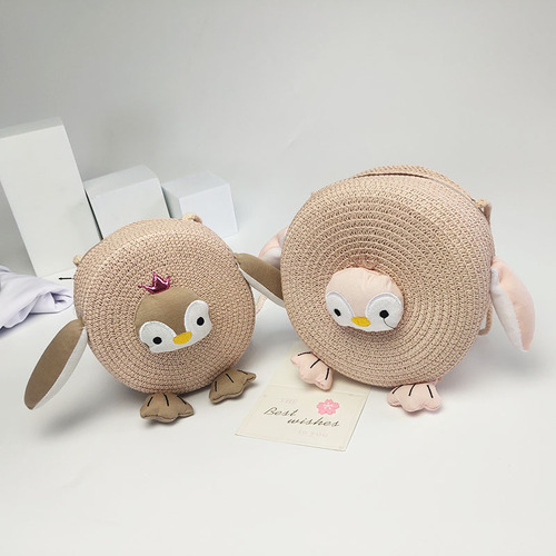 Summer Children's Straw Bag  New Crossbody Penguin Round Bag Mini Coin Purse Beach Bag Hat