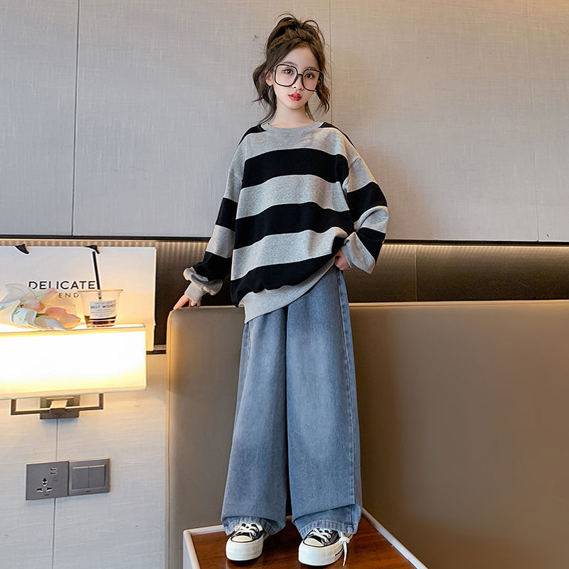 女童秋季宽松卫衣套装洋气2025条纹长袖新款大童女孩牛仔裤两件套|undefined