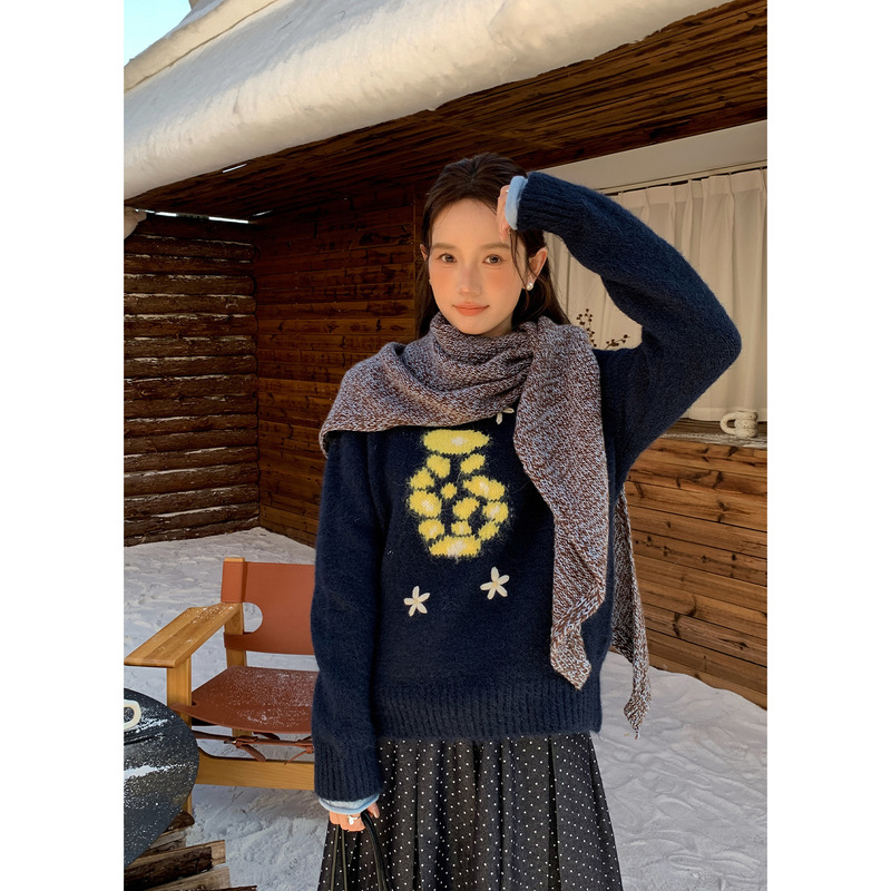 Yier Shirt Bottle Elf Wool Jacquard Atmosphere Thick Sweater Women's Korean Style Easiest for Match Round Neck Top 0730 Yier Shirt Bottle Elf Wool Jacquard Atmosphere Thick Sweater Women's Korean Style Easiest for Match Round Neck Top 0730