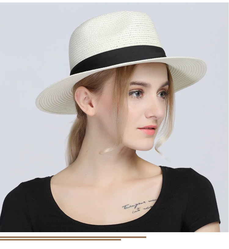 Summer Straw Panama Hat Sun Protection Wide Brim Beach Fedora_voghion.com