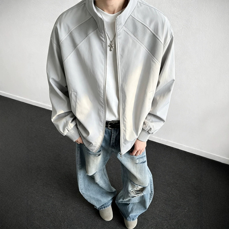 Cleanfit gray short jacket for men, Oxford-style American patchwork stand-up collar bomber jacket