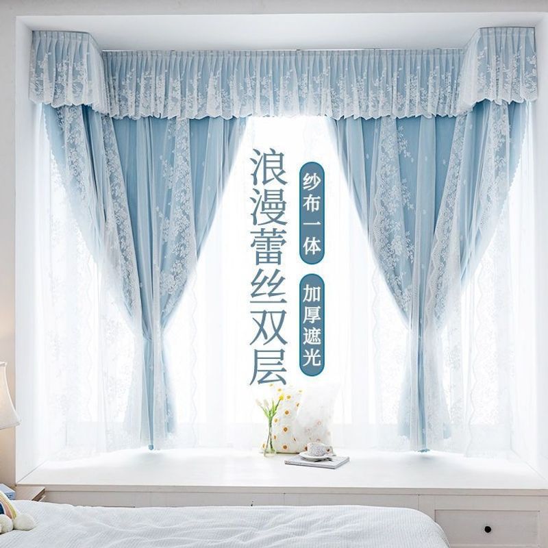 Short bedroom curtain with integrated sheer fabric, 2025 new model, with corner curtain header, Korean style lace, blackout for girls Short bedroom curtain with integrated sheer fabric, 2025 new model, with corner curtain header, Korean style lace, blackout for girls