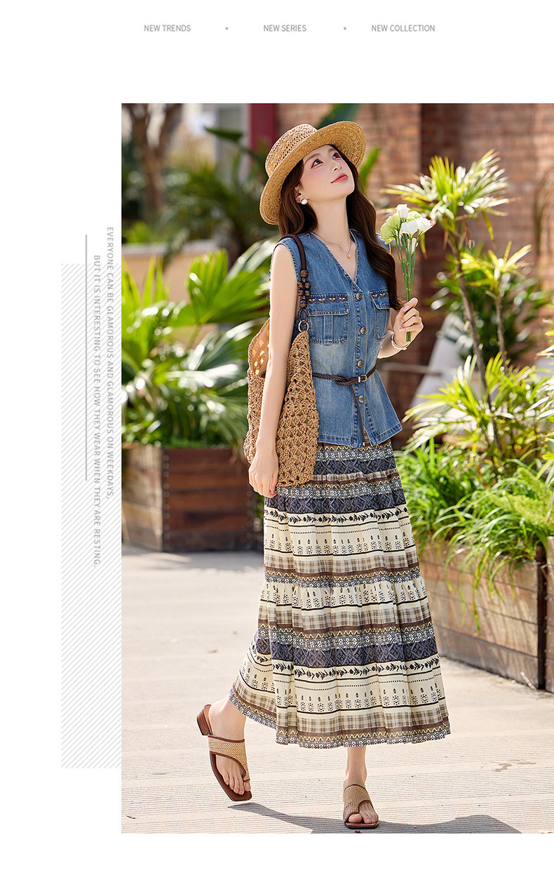 Bộ váy hai mảnh denim nữ V-neck áo vest in họa tiết chân váy midi — Màu ảnh chi tiết 10