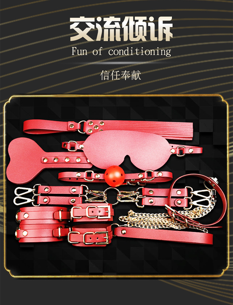 Jiuai PU Leather Bondage Handcuffs Set with Metal Hardware, Black Nine-Piece Kit — detail image 3
