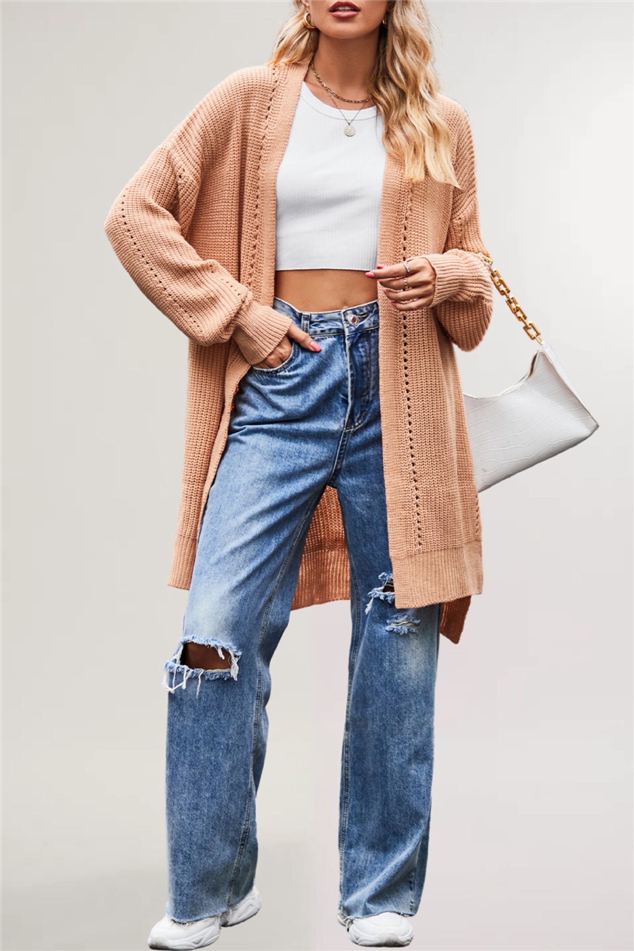 Suéter Nuevo de Otoño e Invierno 2025 para Mujer, Estilo Europeo y Americano, Color Sólido, Cárdigan Holgado de Punto con Bolsillos, Chaqueta