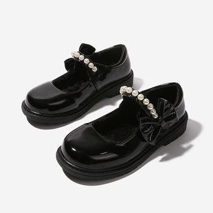 fleece-lined girls black leather shoes autumn and winter children Mary Jane Princess shoes student performance shoes school shoes performance cotton shoes