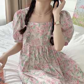 纯棉Korea夏季新款睡衣女连衣裙温柔风碎花甜美泡泡袖家居服睡裙
