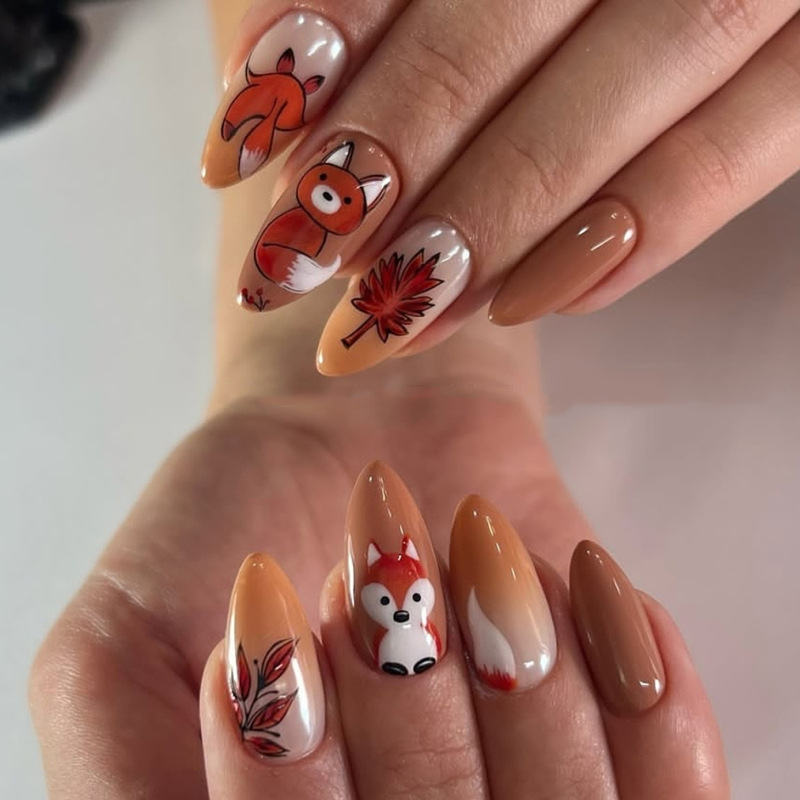 Cross-Border Hot Selling 24 Pieces of Orange Gradient Fake Nails Cute Fox Pumpkin Nail Art Suitable for Autumn and Winter