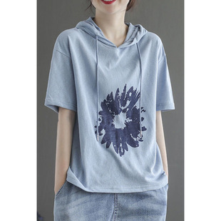 100% Cotton Short-Sleeved Hooded Sweatshirt Women's Summer Thin 2025 New Loose Large Size Women's Summer Top T-Shirt