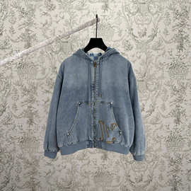 2025秋冬新款原标驴家珠光纽扣口袋工装牛仔连帽拉链外套长裤套装