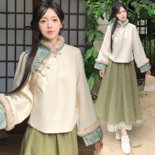 8623#现货新中式国风改良旗袍加厚复古上衣半身裙两件套 青山墨影