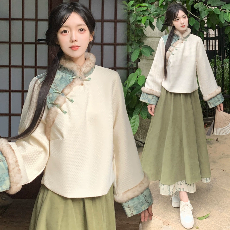 8623 # спот новый китайский стиль улучшенный cheongsam утолщенный ретро топ юбка бюст из двух частей