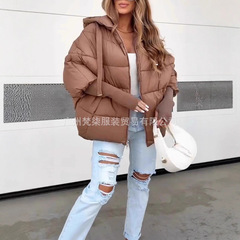 欧美跨境2025秋冬亚马逊纯色连帽羽绒服时尚抽绳休闲棉衣夹克外套
